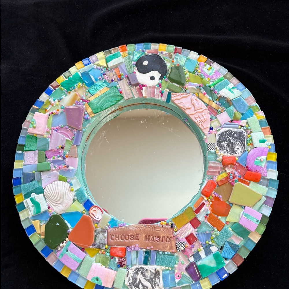 “Choose Magic “Handmade Polymer Clay &Glass Mosaic Mirror Round Shape 12”x1”